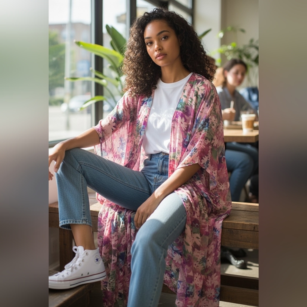 Karma Highway BEAUTIFUL Floral Kimono Cardigan With POCKETS!      B5 - Picture 2 of 8